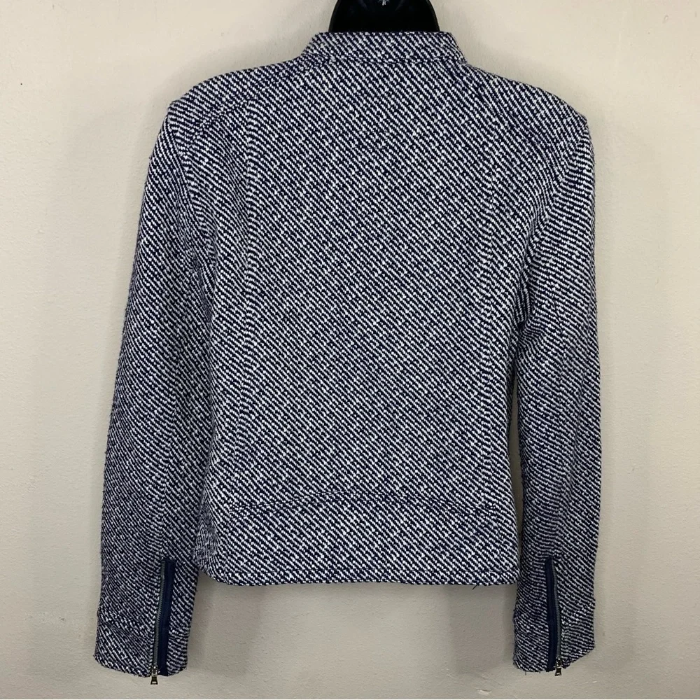 Small New Gap Wool Tweed Blue White Moto Coat Jacket Zip Closure Long Sleeve